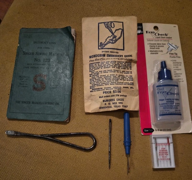 Vintage Sewing Machine  Monogram Embroidery Guide Screwdriver Fray Check Needles