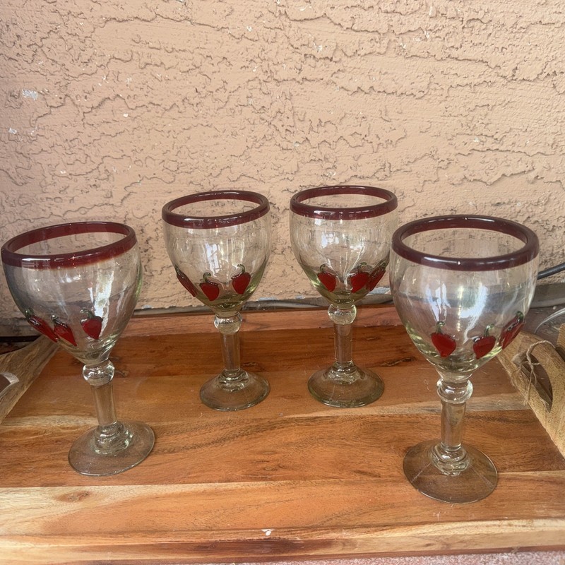 Vintage Mexican Hand Blown Wine Goblets Red Rim Chili Pepper Set of 4 Heavy