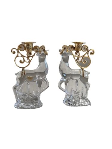 Gorham Crystal Reindeer Candlestick Gold Leaf Taper Christmas Centerpiece Pair - Picture 1 of 9