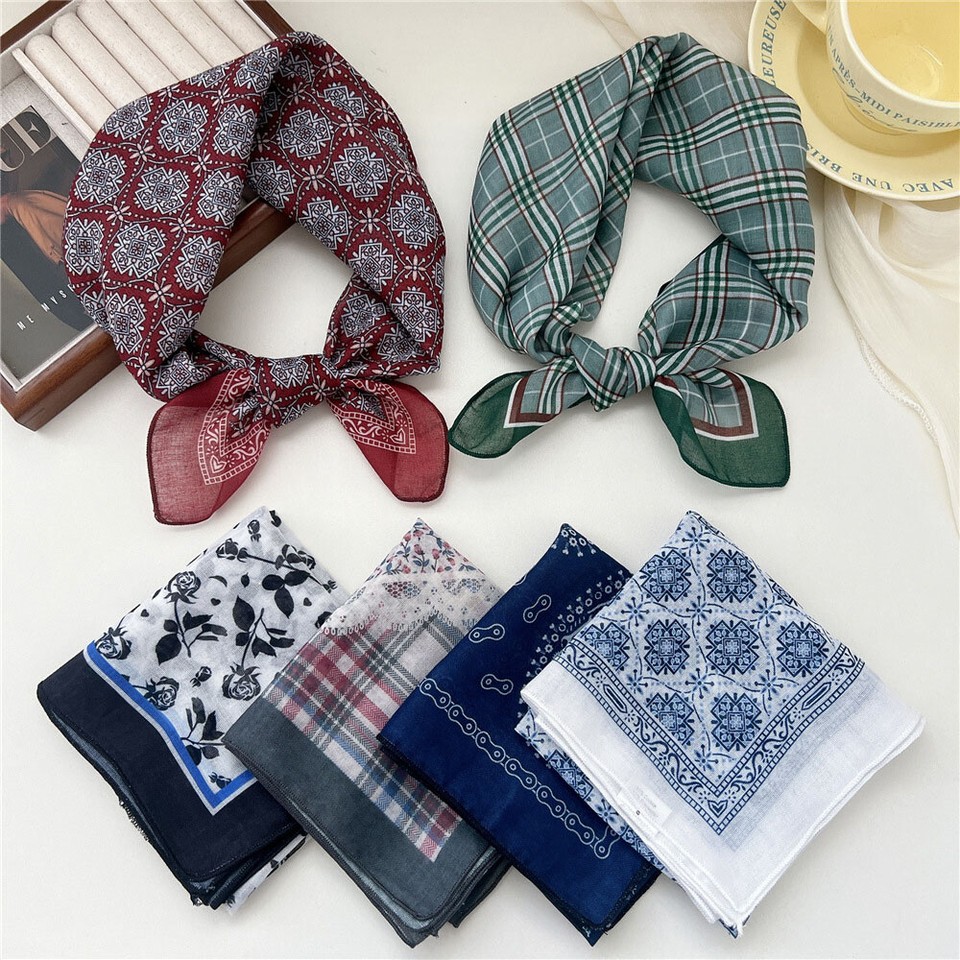 Women Cotton Linen Square Print Scarf Head Neck Scarf Hair Tie Hijab