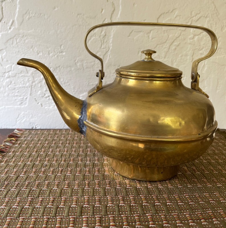 Antique Vintage Brass Gooseneck Hearth Tea Kettle