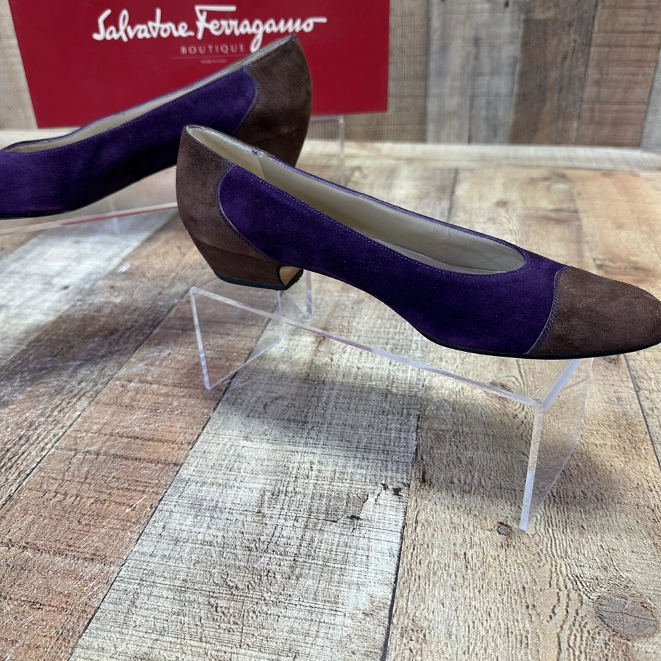 De Colección Salvatore Ferragamo Mujer Zapatos Gamuza Marrón Púrpura 8.5 AAAA Tacones ESTRECHOS Foto 3 de 4