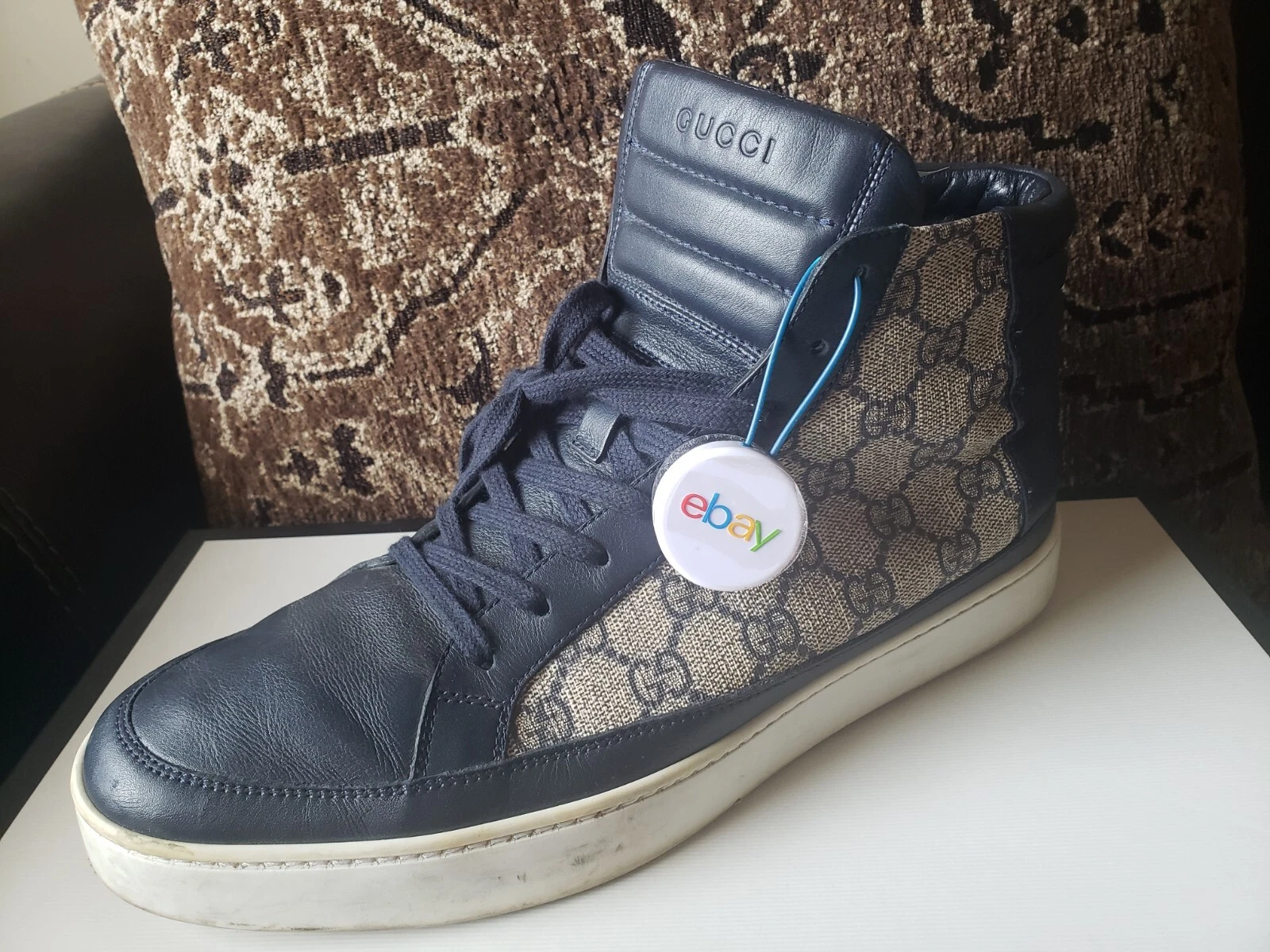 Baskets GUCCI GG Supreme Hi Top bleu marine et marron toile hommes 8,5 Royaume Uni/9,5 US