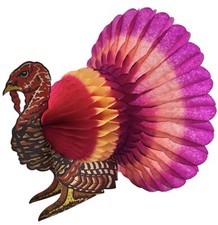 2 Vintage Honeycomb Turkey Thanksgiving Centerpieces Purple & Orange Tails 9”