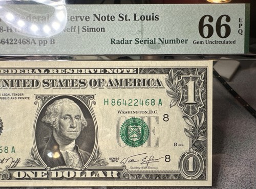 FR 1908-H 1974 $1 FEDERAL RESERVE NOTE “RADAR S/N H86422468A -PMG GEM 66EPQ - Picture 8 of 10