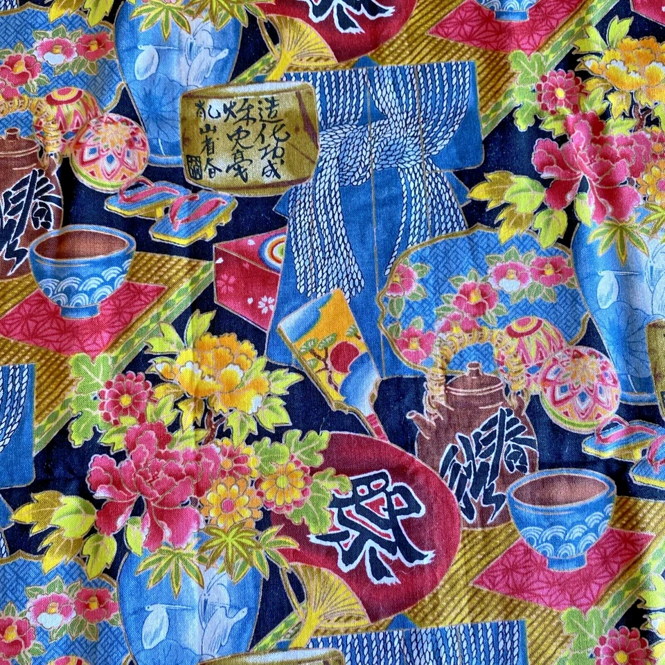 Hoffman Kimono Collection 5493 Cotton Fabric Quilting Blue Floral Asian Design - Image 4 of 4
