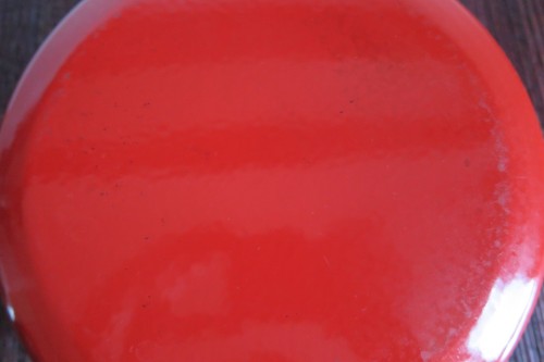 LARGE 1980's LIDDED ENAMEL FRYING PAN - UNUSUAL SHAPE - RED - LOOK - Picture 8 of 9