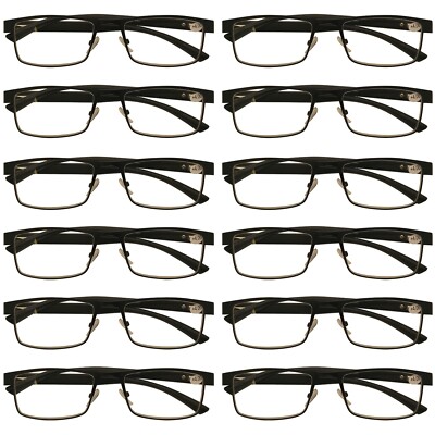 12 Packs Mens Rectangle Metal Frame Reading Glasses Black Spring Hinge Readers 