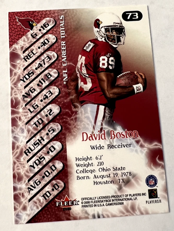 2000 Fleer Gamers SkyBox #73 David Boston Arizona Cardinals NFL - Image 2 of 4