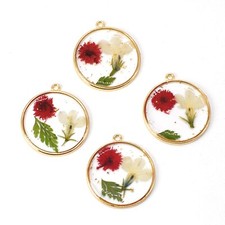 C 8PCS Gold Tone Dry Pressed Flower Resin Round 30mm Charm Pendant GYX2012