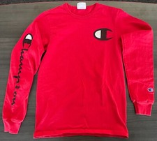 Champion Unisex T-Shirt Long Sleeve Spell Out Logo Red Size S Small