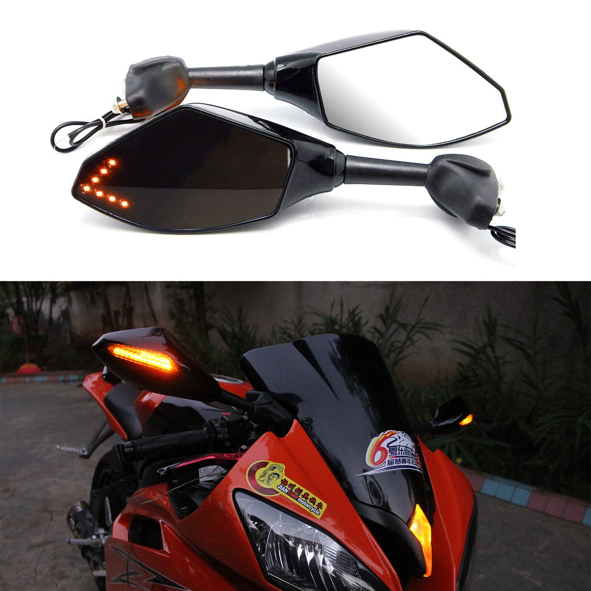 Black Motorcycle Rearview Mirrors LED Turn Signals For Suzuki GSX