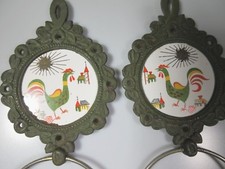 Vintage Towel Holder Rings Country Rooster Retro Cast Iron Ceramic Wall Decor