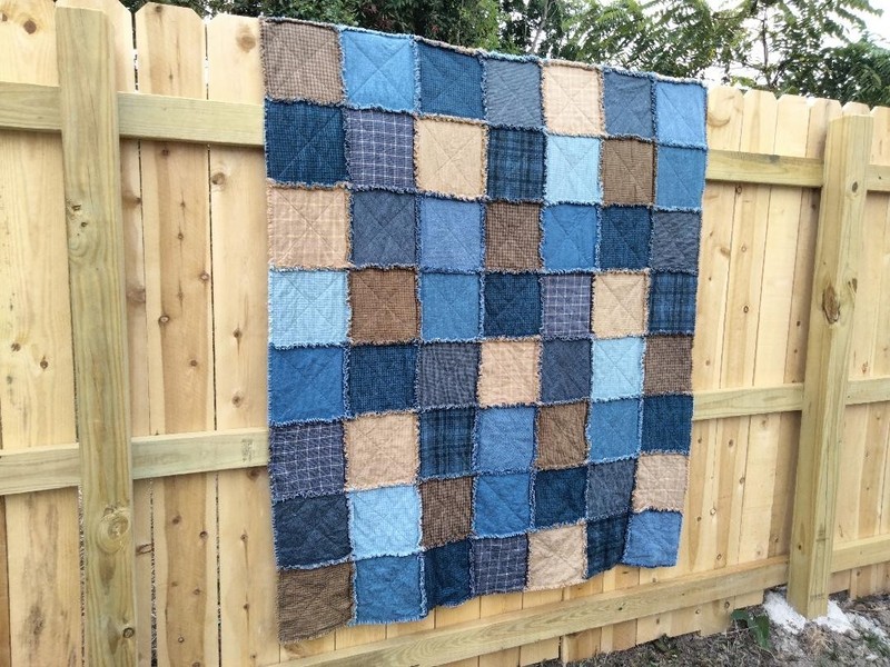 Handmade Shades of Blue and Tan Flannel Rag Quilt!  Farmhouse ~ Country ~ Plaids
