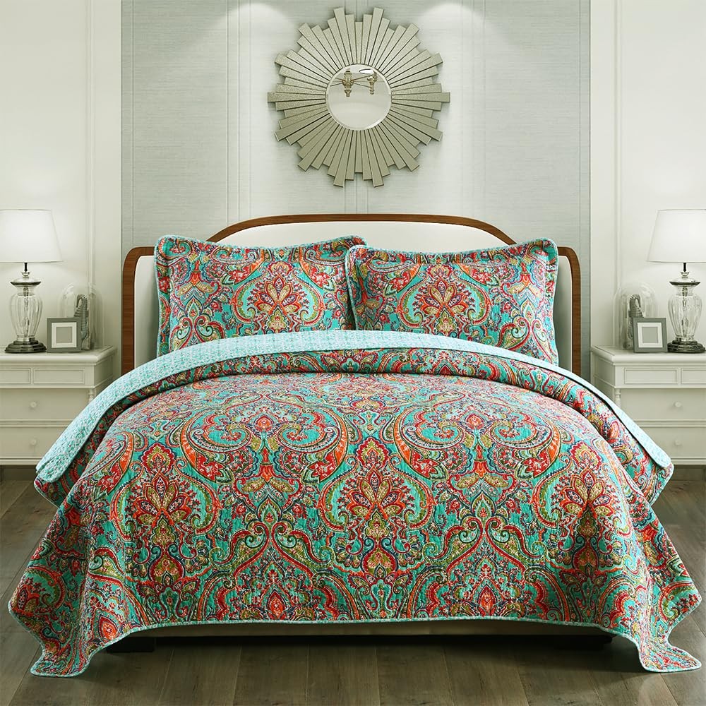 NEWLAKE Cotton Bedspread Quilt Sets-Reversible Patchwork Cov