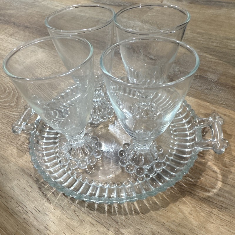 Set of 4 Clear Pressed Glass Stemmed Goblets with Handled Tray (Anchor Hocking)?