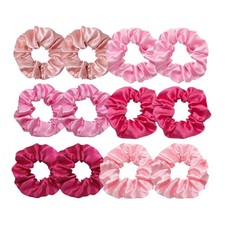 12 Pcs Pink Satin Hair Scrunchies Ties Women Soft Elastic Ponytail Holder