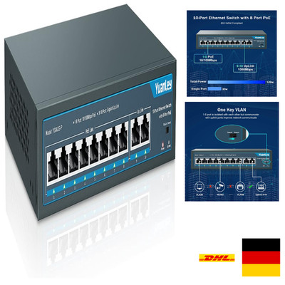 PoE Switch 8 Port 100Mbps 2 Gigabit Uplink 120W Netzwerkgerät 120W