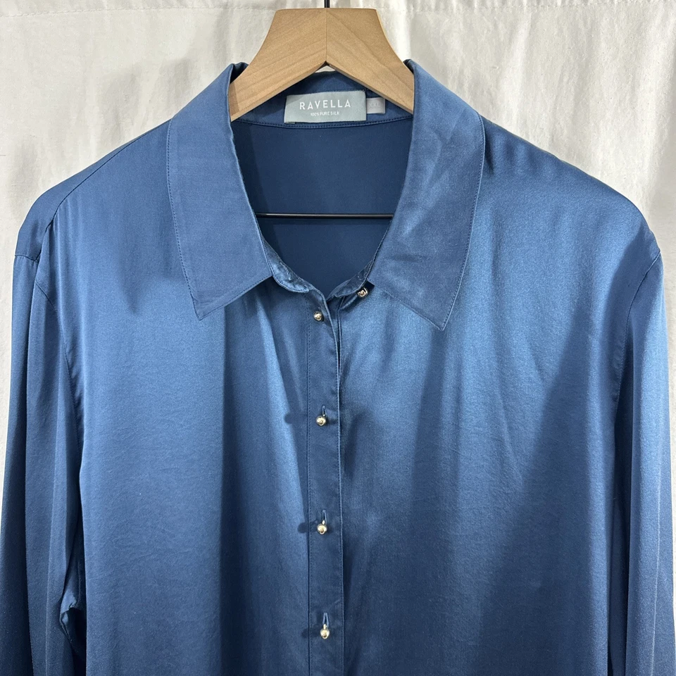 Camisa Ravella Milano 100 % seda azul redonda dorada bola abotonada para mujer talla XXL Foto 2 de 4