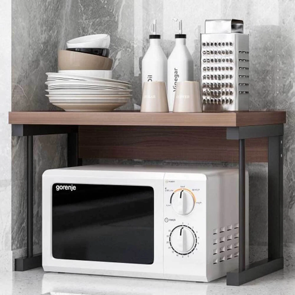 Scaffale Mensola Cucina Mobiletto Porta Microonde con Ripiano Metallo Legno Noce - Immagine 3 di 4