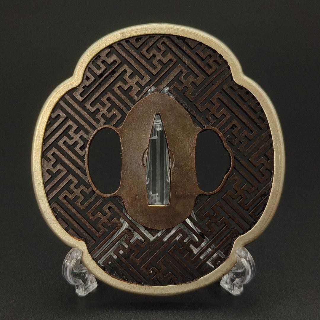Brass Sword Guard Silver Arabesque Swastika Pattern 85g 5mm Thickness