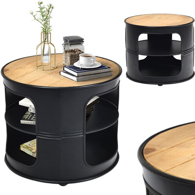 Runder Couchtisch Fass Industrial Rustikal Metall Holz Aufbewahrung Regal Wohnzimmer