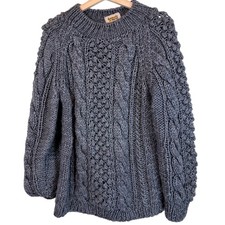Italian Hand Knit Wool Aran Sweater Gray Fisherman Cable Men M L  womens xl 