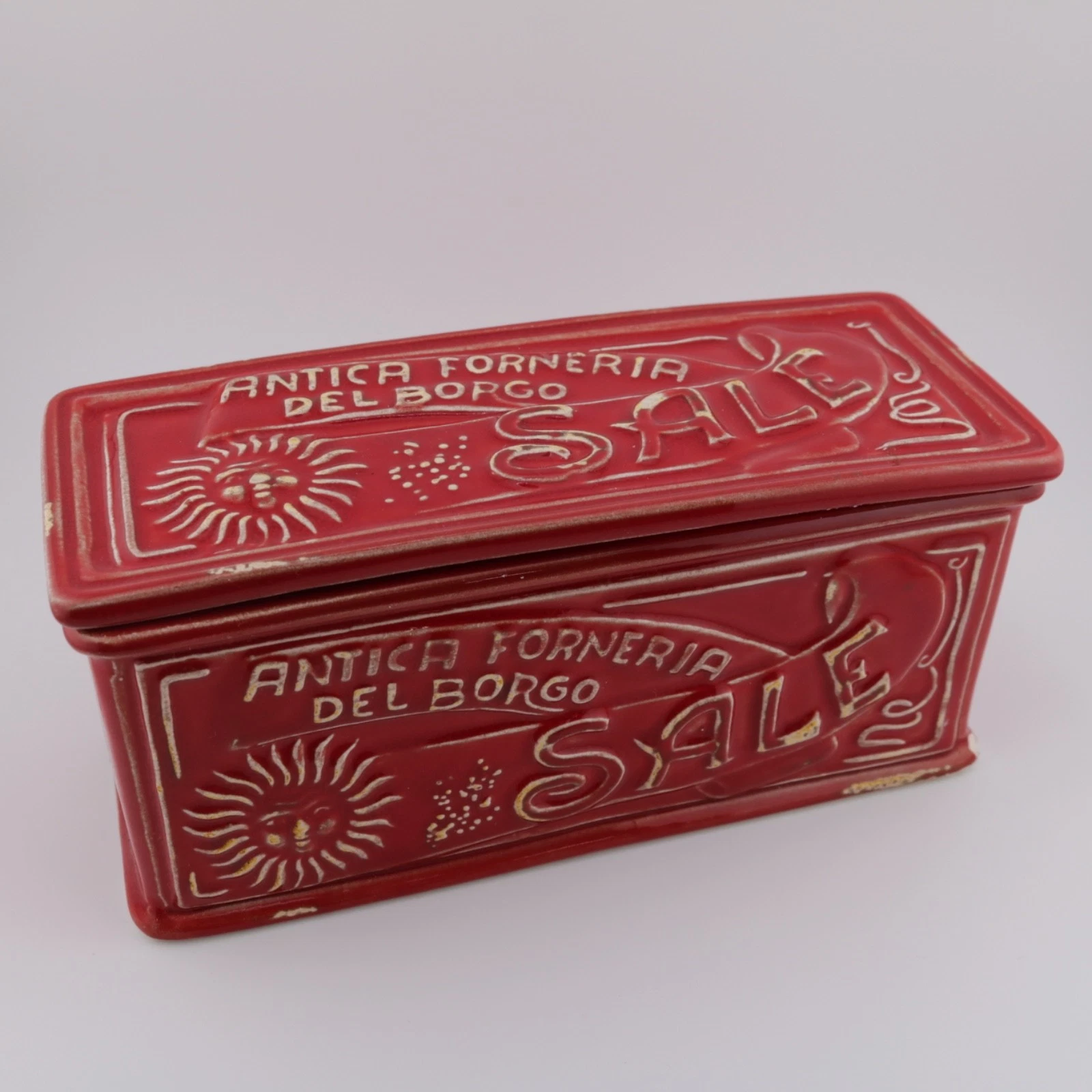 Vintage Ceramic Salt Container Decorated "Antica Forneria Del Borgo" & "Sale"