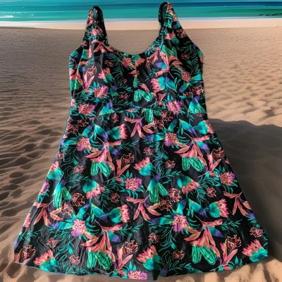 NWT Your Best Look Tropics Black Floral Swimdress one piece Swim Suit 24W Womens