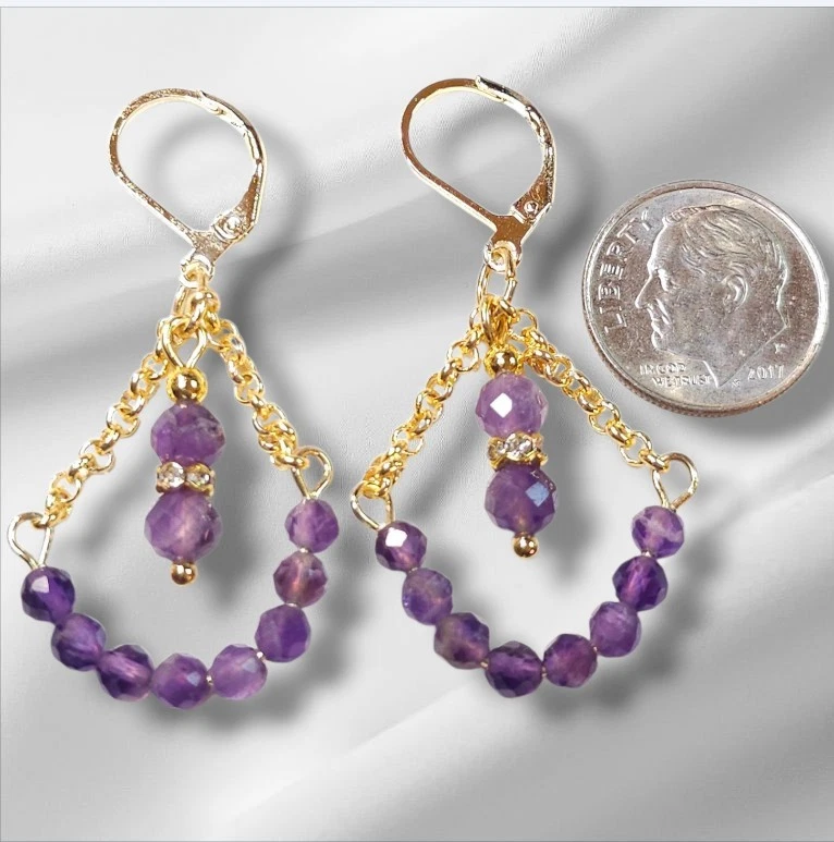 Pendientes de piedras preciosas de amatista cadena de oro colgante con palanca hechos a mano  Foto 3 de 3