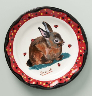 NEW ANTHROPOLOGIE DINNER PLATE BONJOUR EASTER BUNNY RABBIT LAPIN