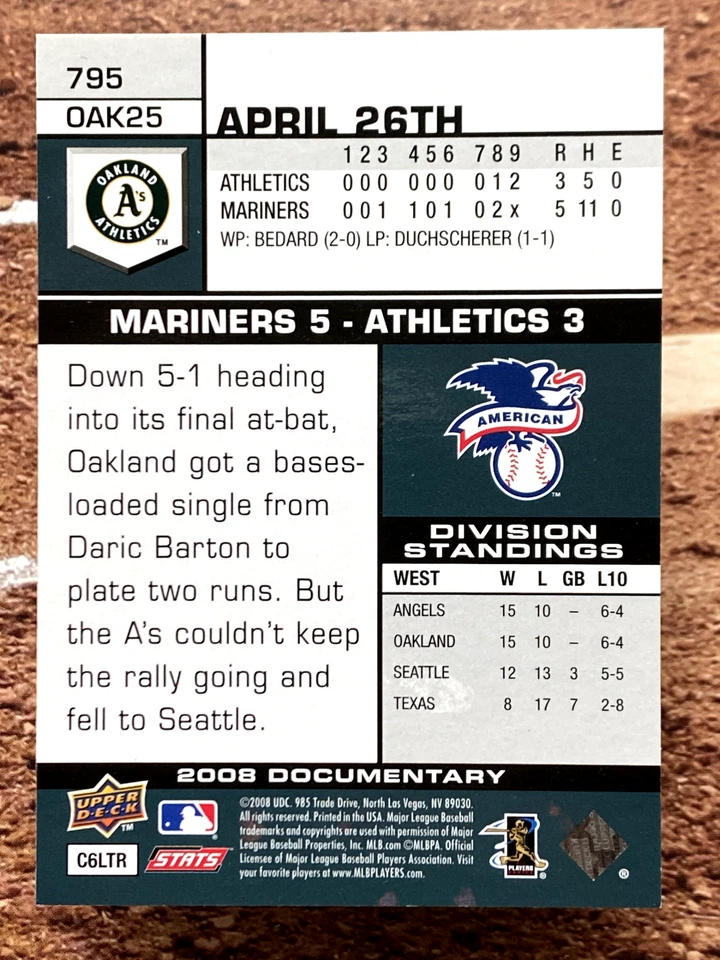 2008 Upper Deck Documentary Rich Harden #795 - Image 2 of 2