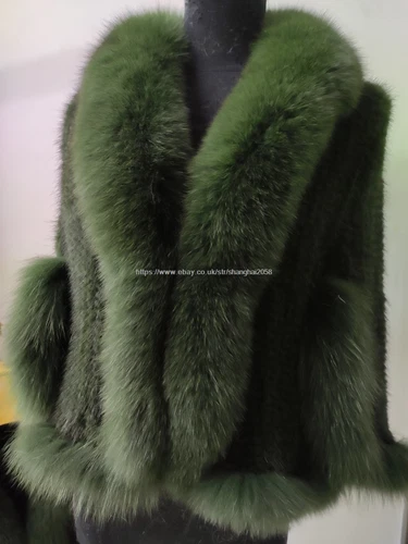 Handmade Knit Real Genuine Mink Fur Coat with Fox Fur Collar Shawls Wraps Cape - Picture 13 of 47