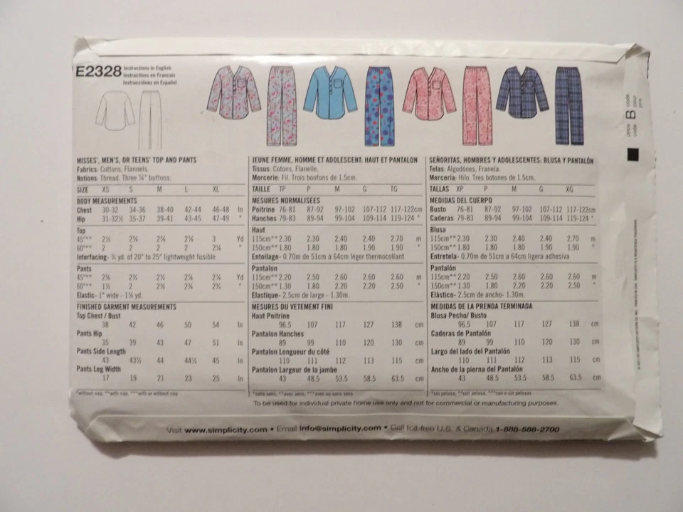 Simplicity 2328 Misses, Men, Teens Sleepware Tops & Bottoms XS-XL Uncut - Image 3 of 3