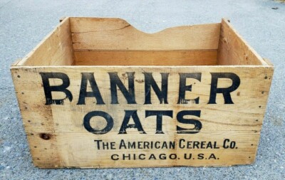 RARE Vintage Banner Oats American Cereal Chicago Wood Advertising Box Crate Sign