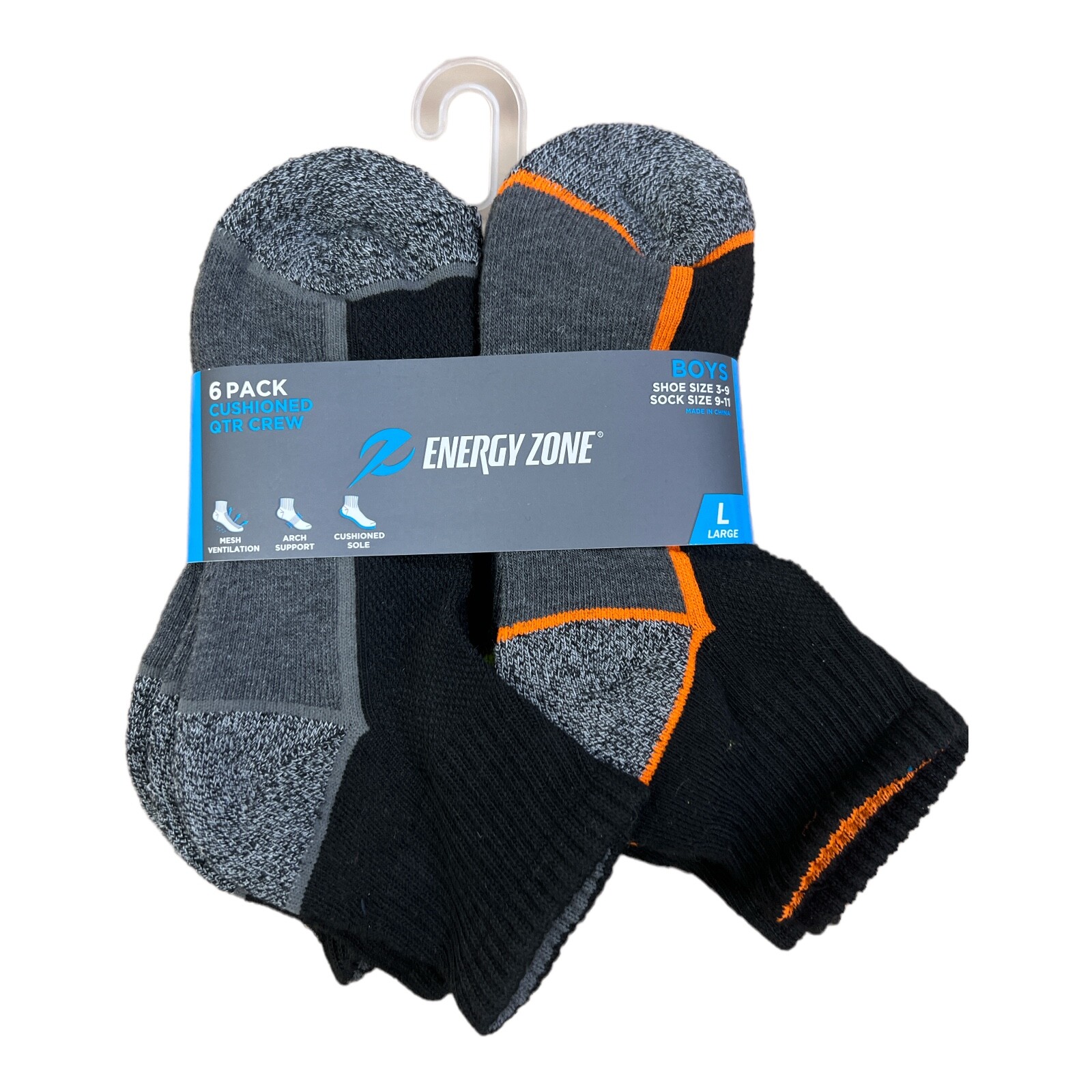 Boys 6Pack Cushioned Quarter Crew Energy Zone Socks Large (sock size 9