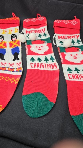 Vintage HAND KNIT CHRISTMAS STOCKING Santa Clause Pom Poms Lot 4 - Picture 8 of 10