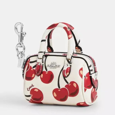 Coach Rowan MINI Rowan Bag Charm Cherry Print Silver/Chalk Multi