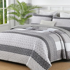 Grey Quilt King Size, Bohemian Stripe Quilt Sets 3 Pieces Boho Quilted Bedspread