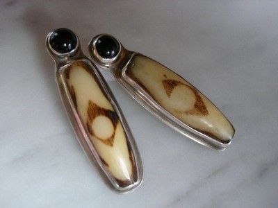 Modernist 14K  Gold & Silver Batik Bone & Onyx Earrings