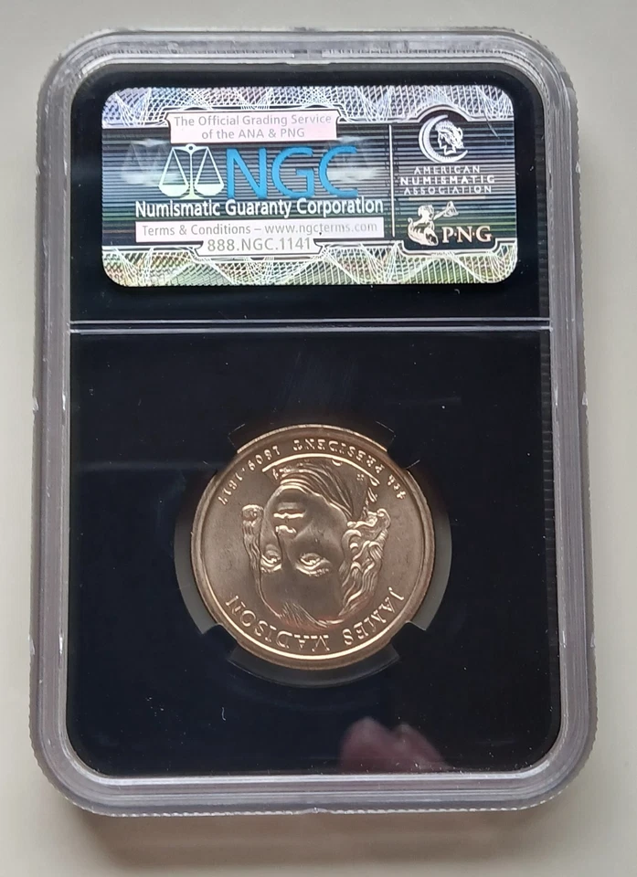 NICE 2007 James Madison Dollar Error Rev Struck Thru NGC MS67 - Image 4 of 4