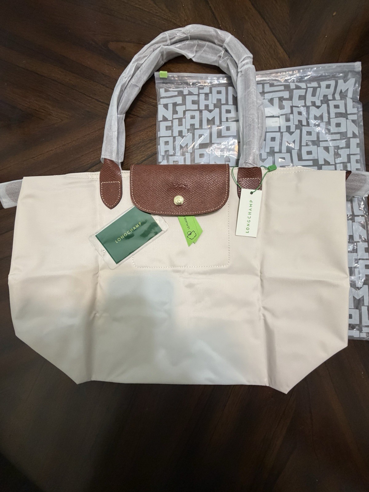 Longchamp Le Pliage Large Beige Tote Zip/Snap, Brown Handles, Dust Bag