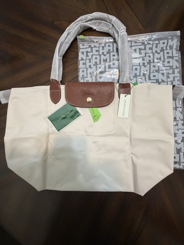 Longchamp Le Pliage Large Beige Tote Zip/Snap, Brown Handles, Dust Bag