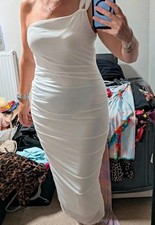 White One Shoulder Ruched Stretch Strappy Sleeveless Bodycon Midi Dress L