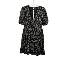 Express Womens Surplice Dress Short Puff Sleeve Black/Multi Print Keyhole XS