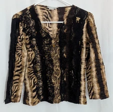 y2k ALBERTO MAKALI Brown Black Animal Print Bejeweled Pleated Top Small