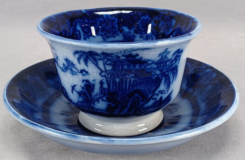John Maddock Chen-Si Pattern Flow Blue Transferware Tea Bowl & Saucer C1842-1855