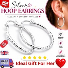 925 Sterling Silver Extra Large 50mm Hoop Earrings Diamond Cut Women Gift UK