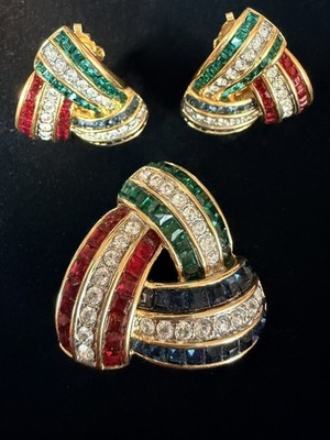 Vintage Butler Tri-Color Rhinestone Trinity Knot Brooch Clip Earrings Set 80 s