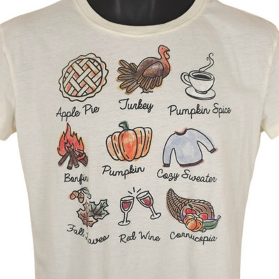 Fall Autumn T Shirt Womens Size Medium Cream Pumpkin Spice Turkey Red Wine